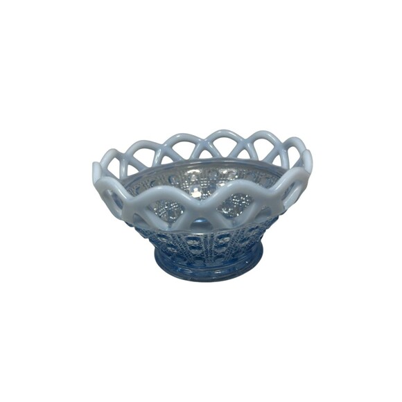 VTG Imperial Glass Basket Bowl Lacy Edge Blue Opalescent Trim Dish 1930's MCM - Picture 11 of 16